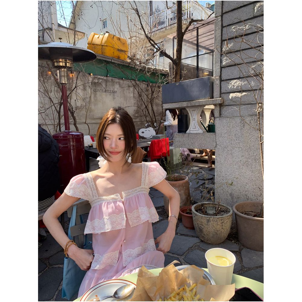 Big Dog with Braces Pink Rose Heavy duty lace trimmed flutter sleeve top lace trimmed elastic waist skirt image 1