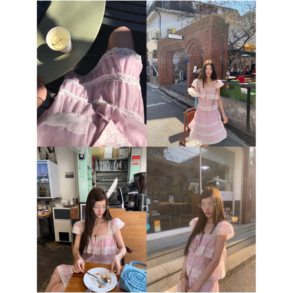 Big Dog with Braces Pink Rose Heavy duty lace trimmed flutter sleeve top lace trimmed elastic waist skirt image 2