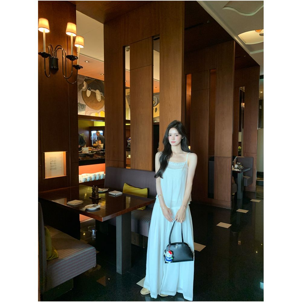 Big Dog with Braces Breathable White Lace Camisole Wide Leg Pants Set Relaxed Breathable and Slimming Two Piece Set image 1