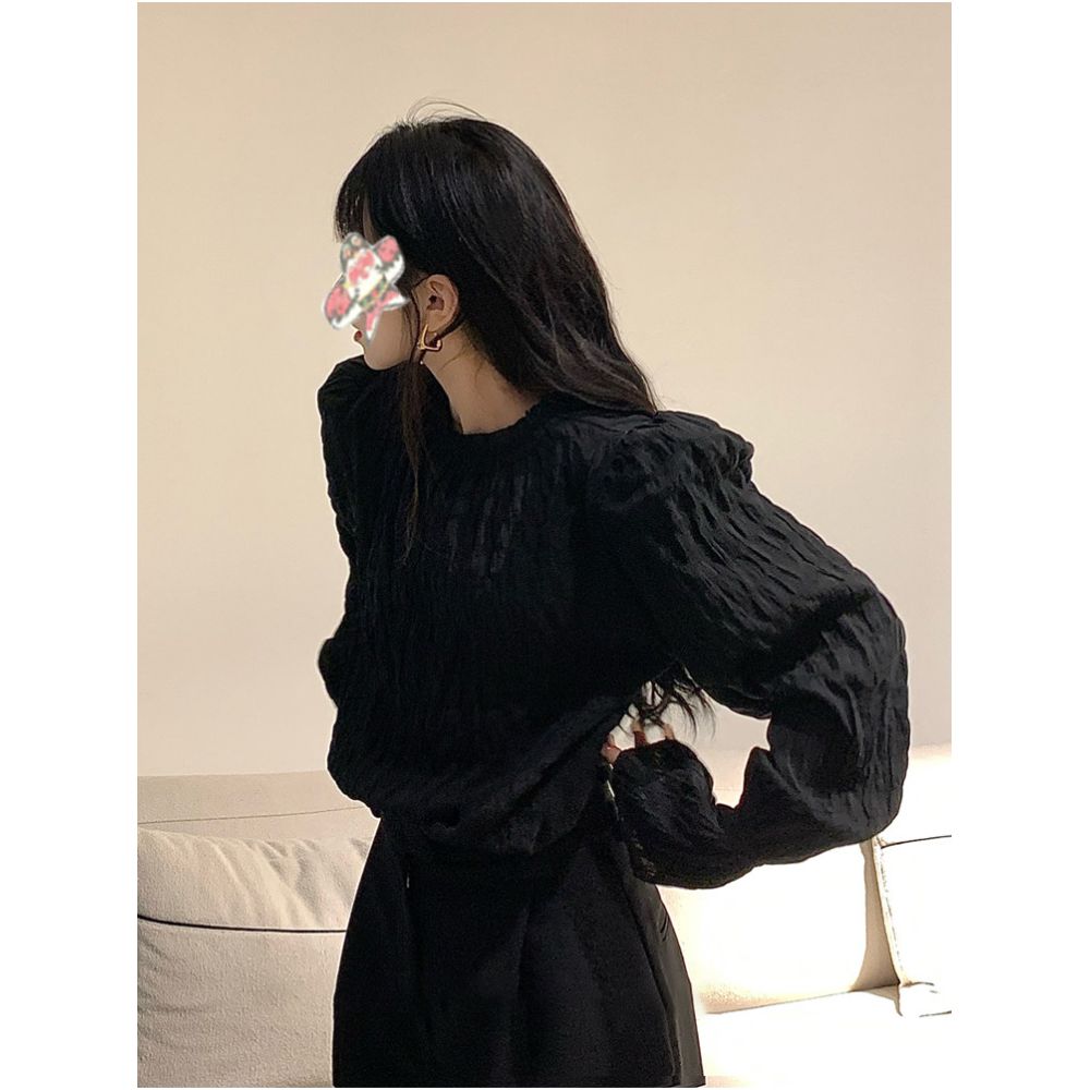 Fleece lined thickened black pleated puff sleeve base layer shirt for women autumn and winter petite loose fit elegant and slimming image 0