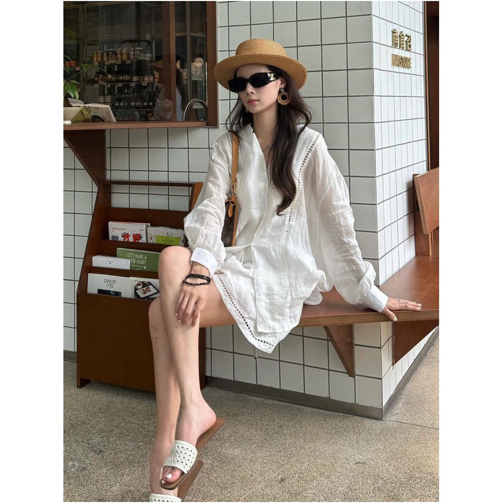 French style openwork white V neck blouse for women a stunningly beautiful and relaxed linen top and shorts two piece set perfect for summer 2026 image 0