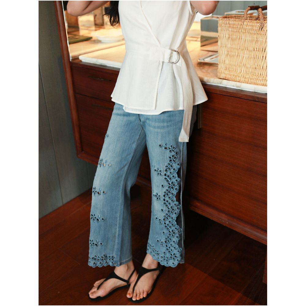 MIUCO Embroidered Hollow Out Straight Leg Jeans Summer Thin Style Petite Fit High Waist Loose Fit Cropped Pants image 3