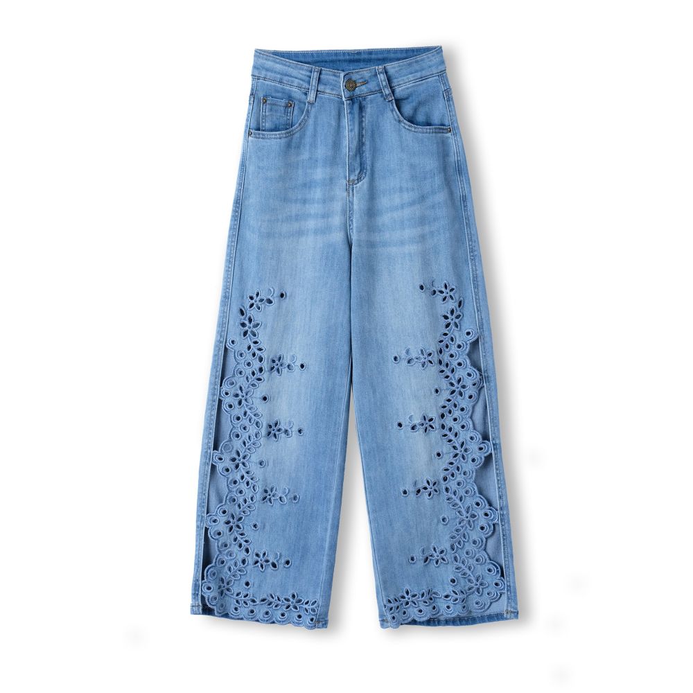 MIUCO Embroidered Hollow Out Straight Leg Jeans Summer Thin Style Petite Fit High Waist Loose Fit Cropped Pants image 4