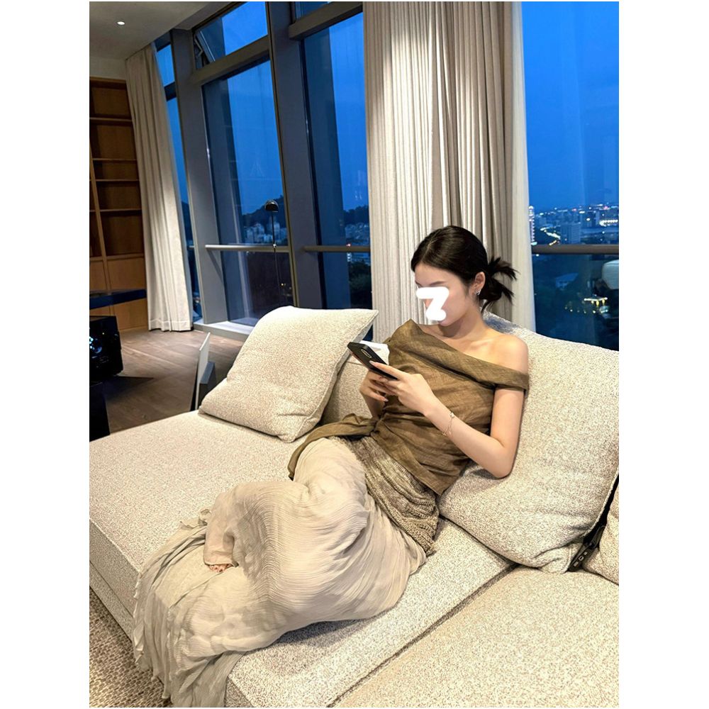Drawdream French Retro Brown Off Shoulder Pleated Camisole Top for Women Summer Irregular Tie Waist Fit image 2