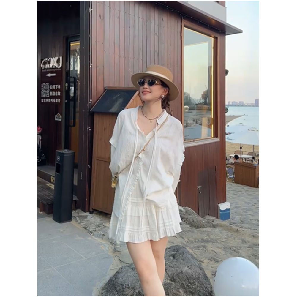 Super cute and alluring two piece set for women autumn fashion lace trimmed bell sleeves ribbon blouse and slimming skirt image 2