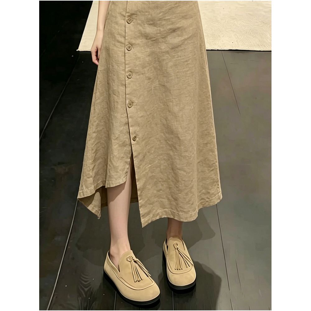 Khaki button down linen midi skirt for women 2026 summer trendy new style high end fashionable versatile irregular skirt image 3
