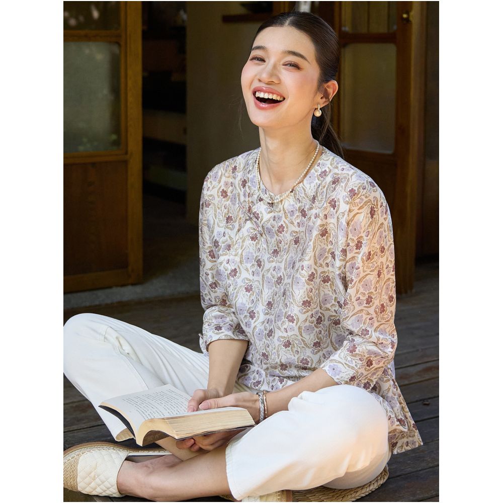 Fei Yi Tang Summer New Combed Silk Linen Shirt Women s Chinese Retro Style Round Neck Printed Three Quarter Sleeve Round Neck Women s Top image 0