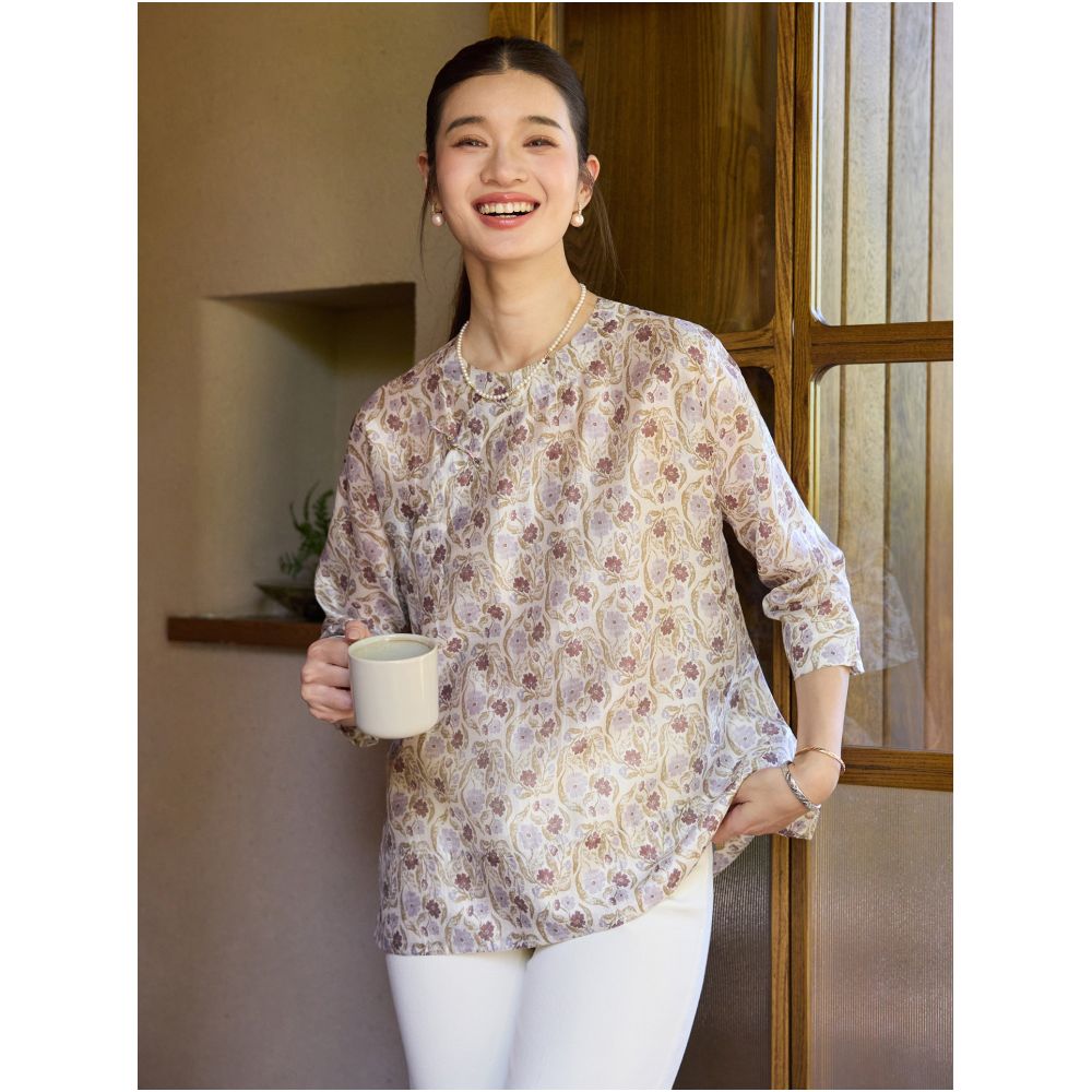 Fei Yi Tang Summer New Combed Silk Linen Shirt Women s Chinese Retro Style Round Neck Printed Three Quarter Sleeve Round Neck Women s Top image 1