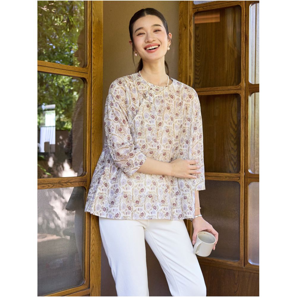 Fei Yi Tang Summer New Combed Silk Linen Shirt Women s Chinese Retro Style Round Neck Printed Three Quarter Sleeve Round Neck Women s Top image 2