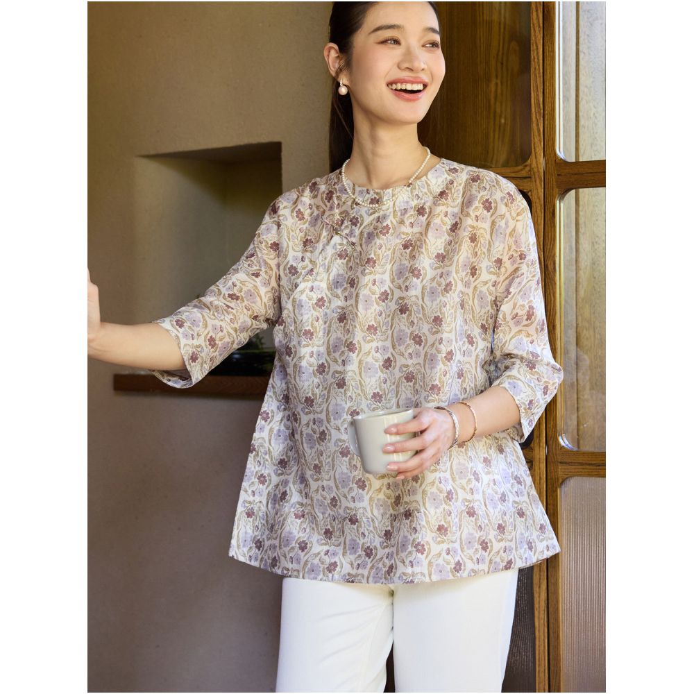 Fei Yi Tang Summer New Combed Silk Linen Shirt Women s Chinese Retro Style Round Neck Printed Three Quarter Sleeve Round Neck Women s Top image 3