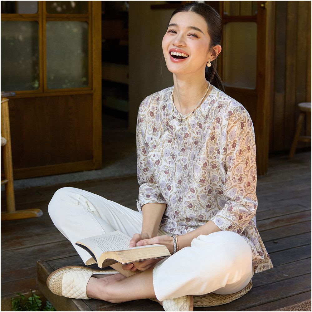 ASAYA7258 – Meadow Bloom Silk-Linen Blouse 🌿🌸