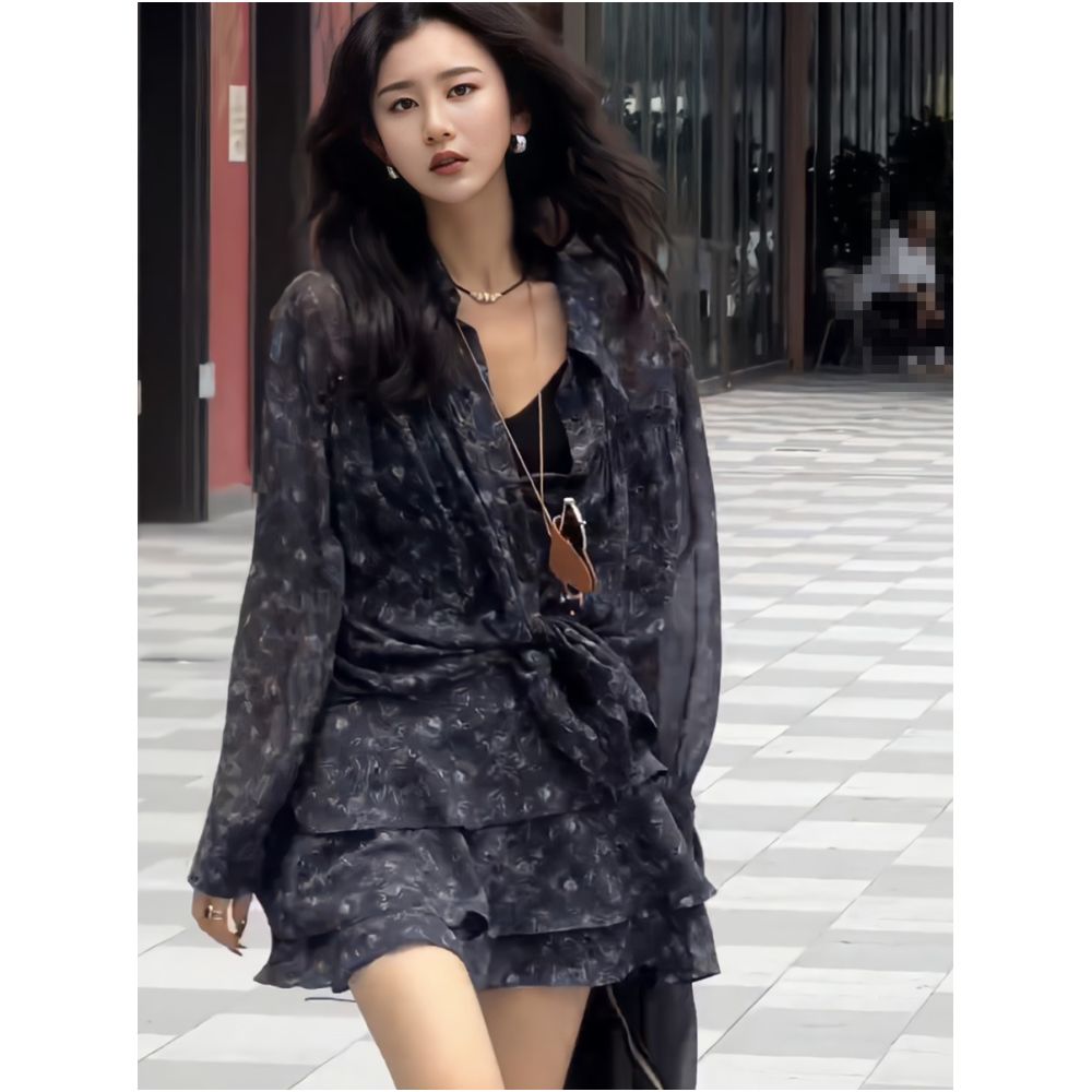 This year s popular trend is a beautiful two piece suit for women featuring a retro chic loose fitting printed sun protective shirt and skirt image 2