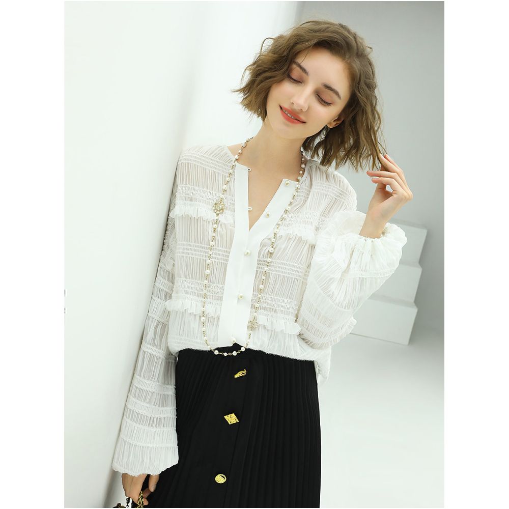 COCOBELLA Fashionable Semi Sheer Three Dimensional Pleated Blouse for Women Elegant Resort Chiffon Shirt LC500 image 3
