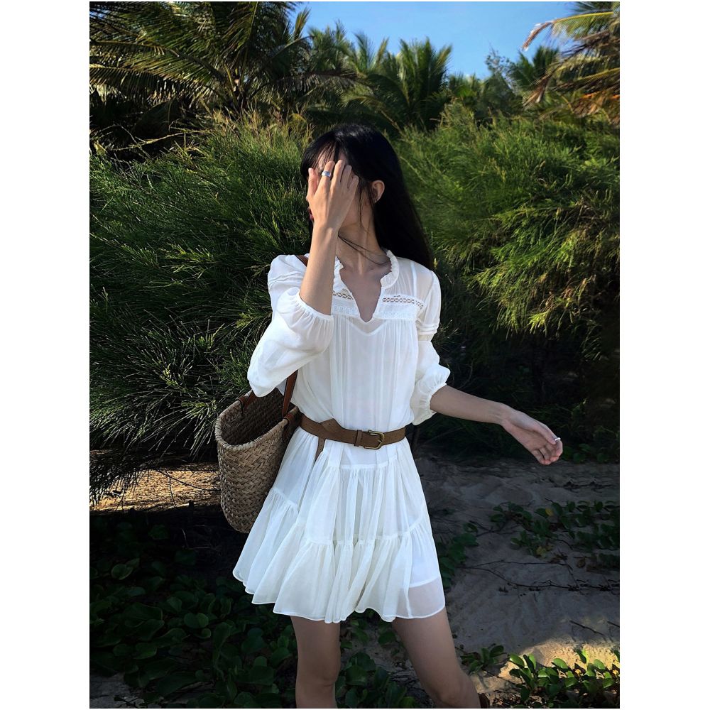 NEVA HU French style white shirt dress for women summer new style loose long sleeves petite short skirt image 0