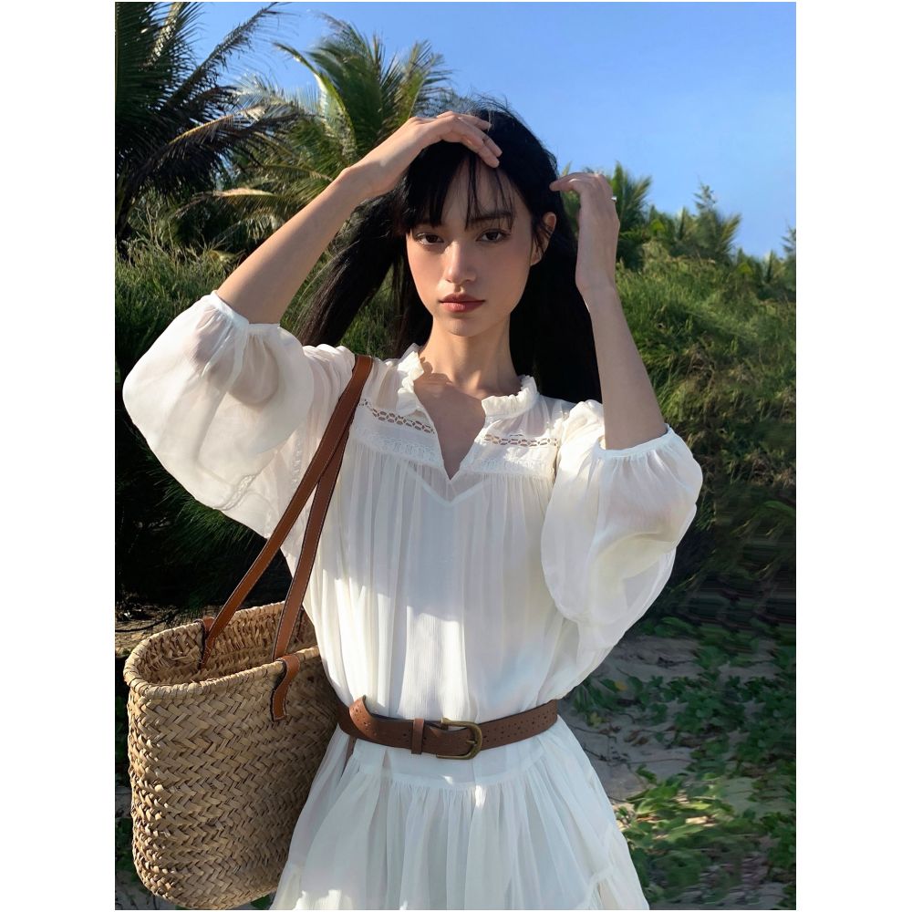 NEVA HU French style white shirt dress for women summer new style loose long sleeves petite short skirt image 1