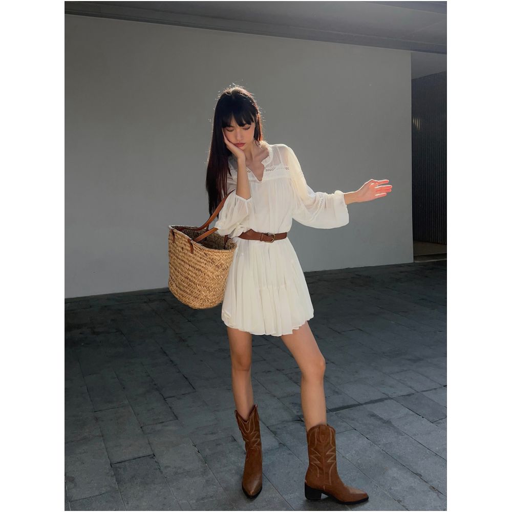 NEVA HU French style white shirt dress for women summer new style loose long sleeves petite short skirt image 3