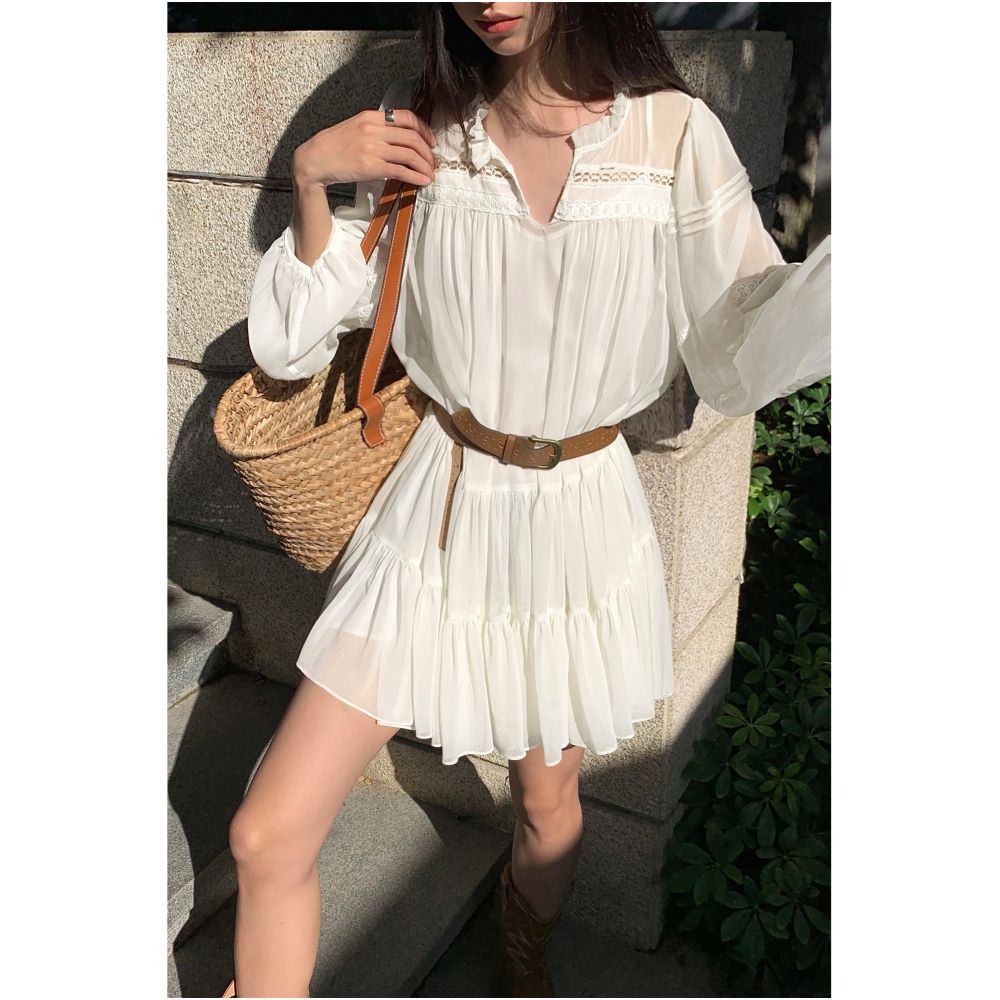 NEVA HU French style white shirt dress for women summer new style loose long sleeves petite short skirt image 4