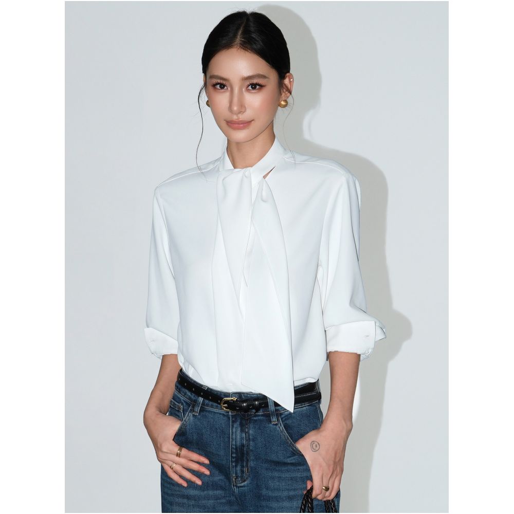 NEVA HU Rome Pictorial High end women s stand up collar blouse with ribbon detailing elegant long sleeved design image 2