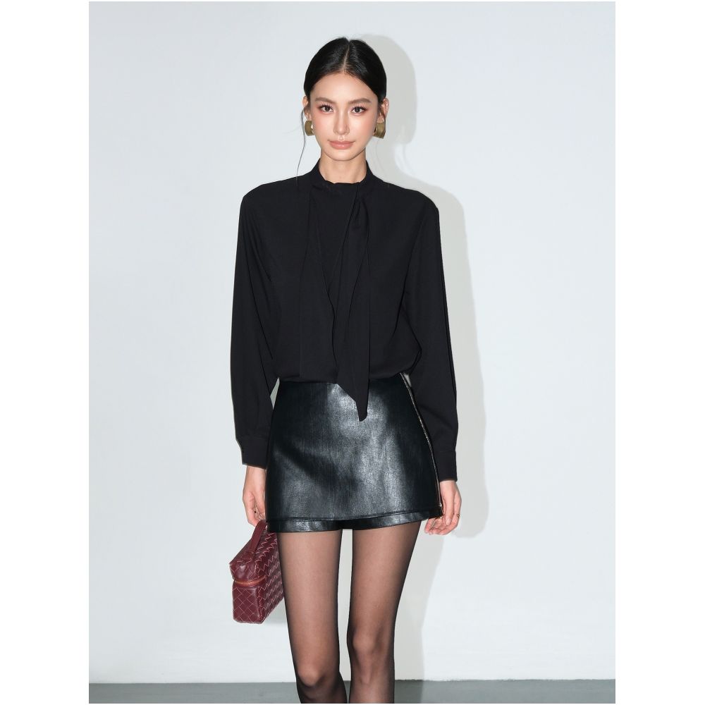 NEVA HU Rome Pictorial High end women s stand up collar blouse with ribbon detailing elegant long sleeved design image 3