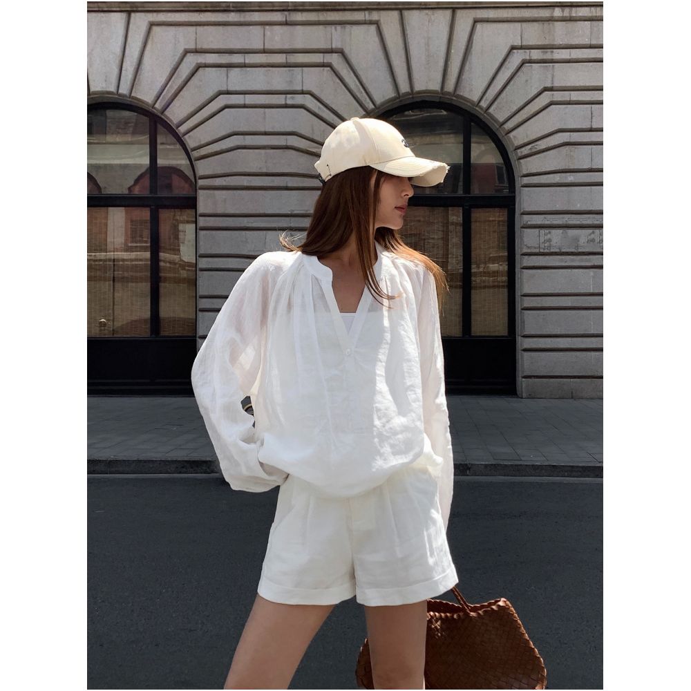 NEVA HU Old Money Style Ramie Long Sleeve Shirt Women s Summer Thin Loose V Neck Sun Protection Shirt Top and Shorts Set image 0