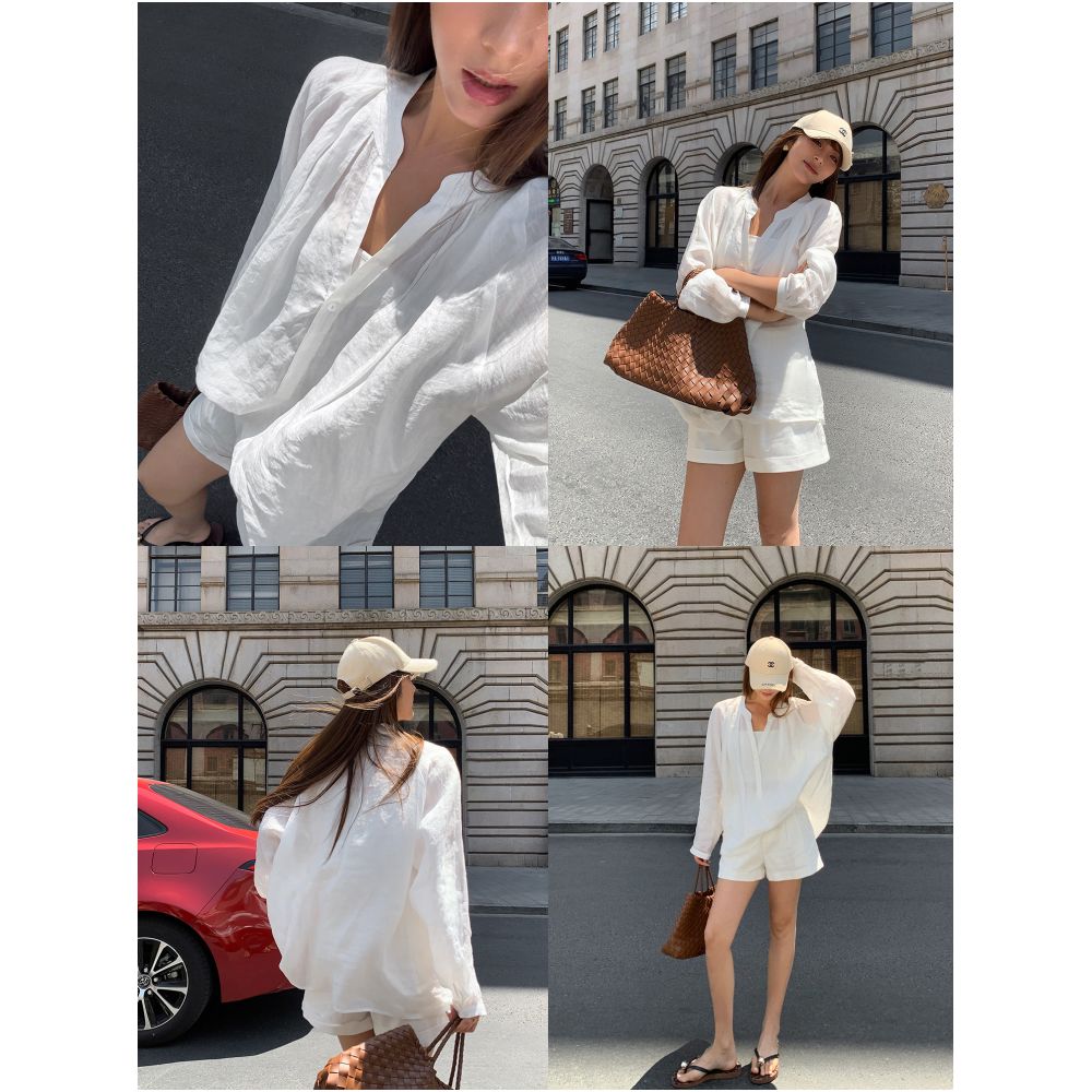NEVA HU Old Money Style Ramie Long Sleeve Shirt Women s Summer Thin Loose V Neck Sun Protection Shirt Top and Shorts Set image 1