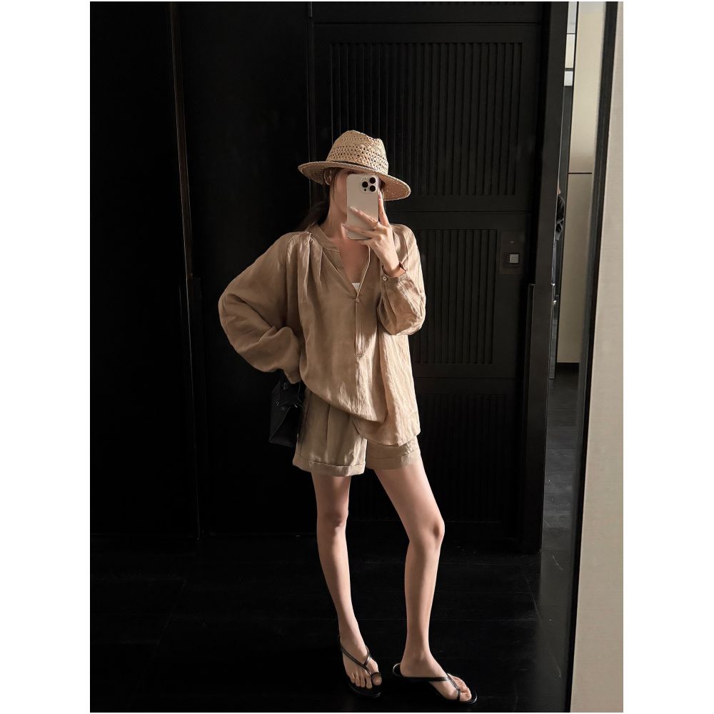 NEVA HU Old Money Style Ramie Long Sleeve Shirt Women s Summer Thin Loose V Neck Sun Protection Shirt Top and Shorts Set image 2