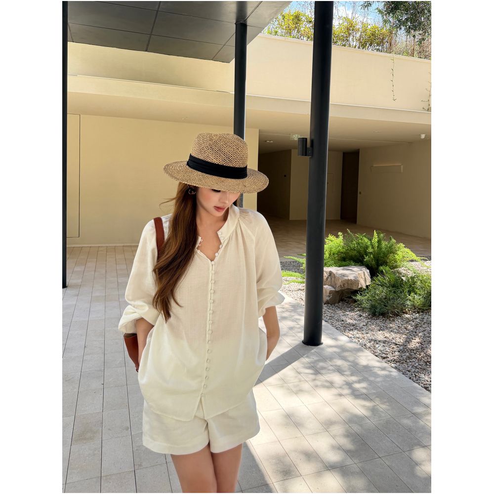 NEVA HU Lyocell Linen Collection Round Neck Button Down Shirt Women s Loose Wide Leg A Line Casual Shorts Set image 1