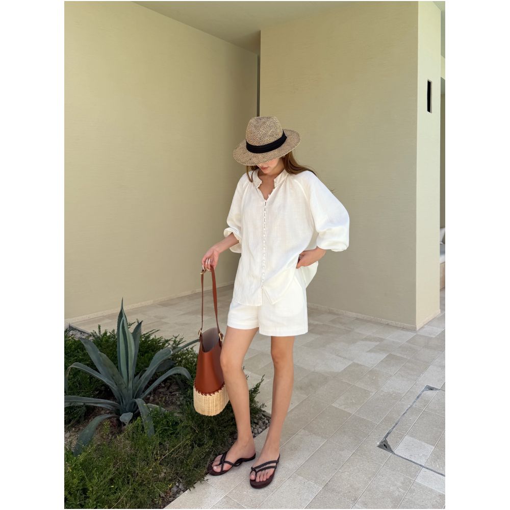 NEVA HU Lyocell Linen Collection Round Neck Button Down Shirt Women s Loose Wide Leg A Line Casual Shorts Set image 3