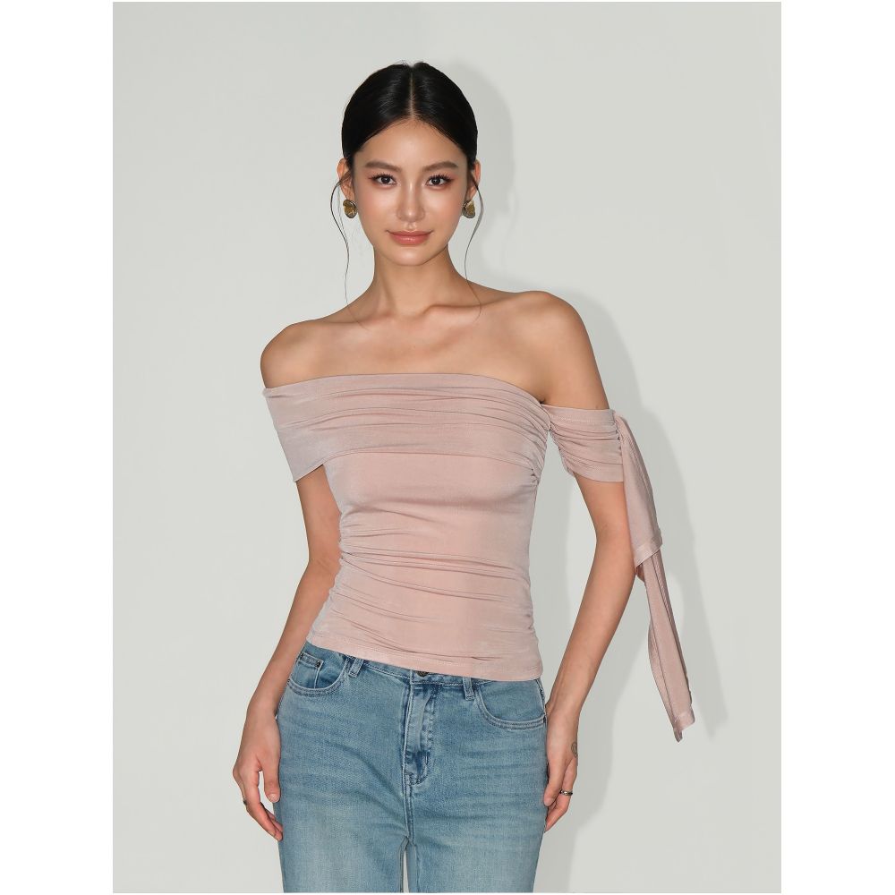 NEVA HU Balmont Night Banquet Asymmetrical Short Sleeve T Shirt for Women Unique Design Off Shoulder Acetate Top image 0