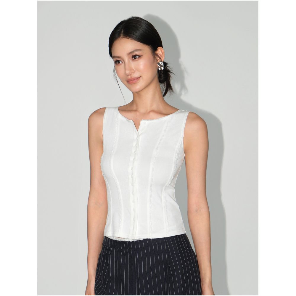 NEVA HU White Moonlight French Style Round Neck Camisole Vest for Women Summer Outerwear Lace Trim Sleeveless Top image 0