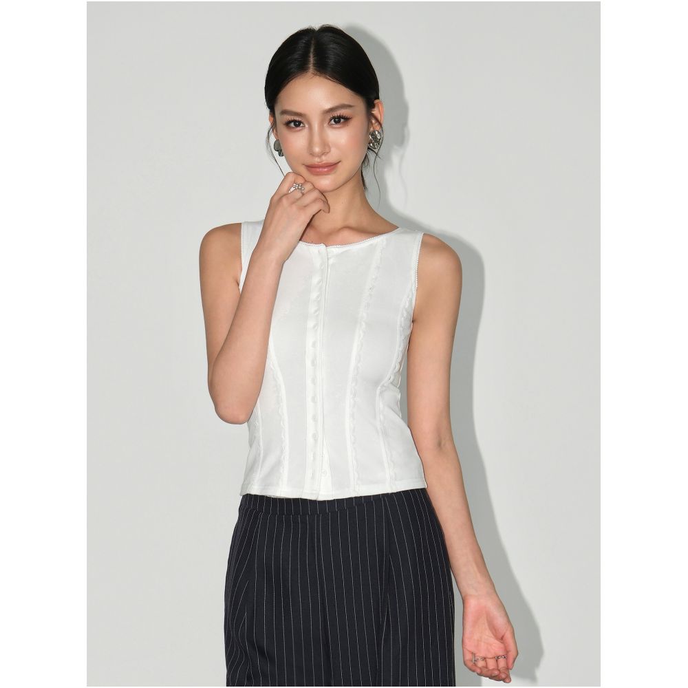 NEVA HU White Moonlight French Style Round Neck Camisole Vest for Women Summer Outerwear Lace Trim Sleeveless Top image 1