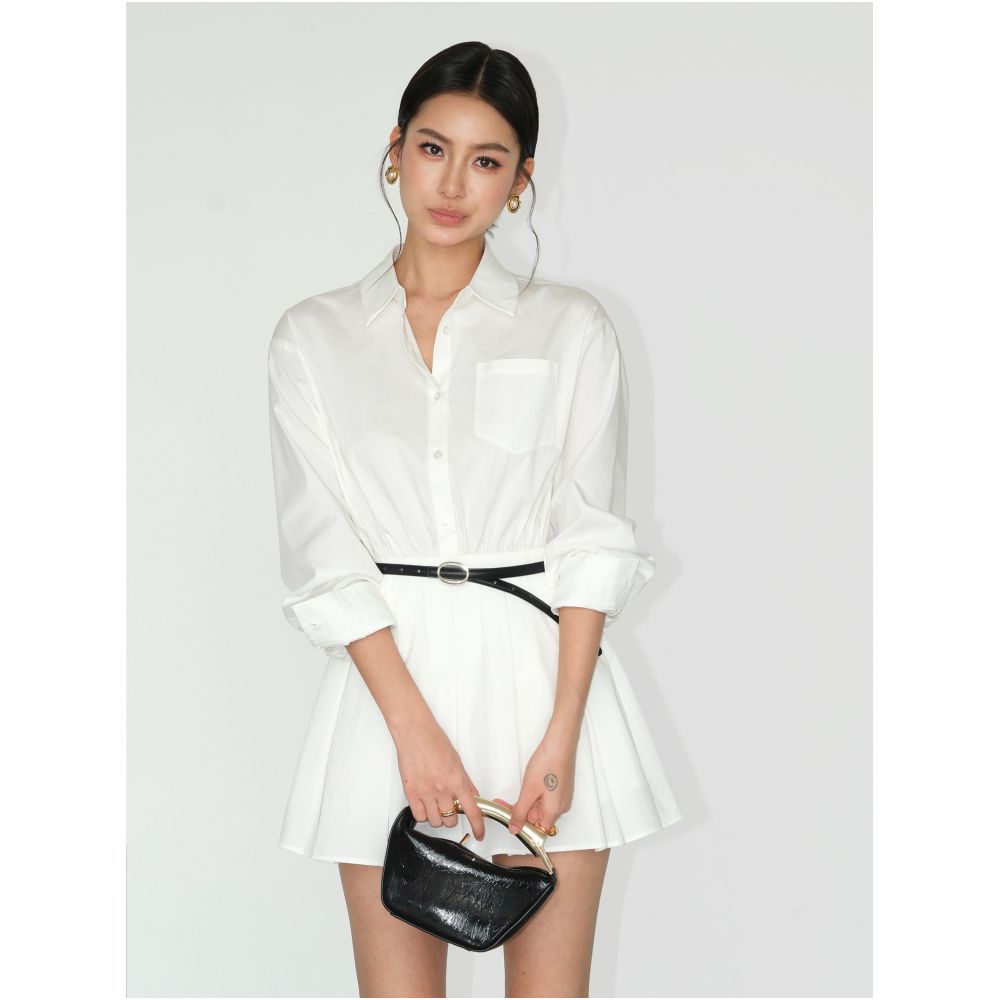 NEVA HU White Long Sleeved Dress for Women Miu Style Youthful Waist Defining Shirt Dress Stylish Short Skirt Pleated Skirt image 3