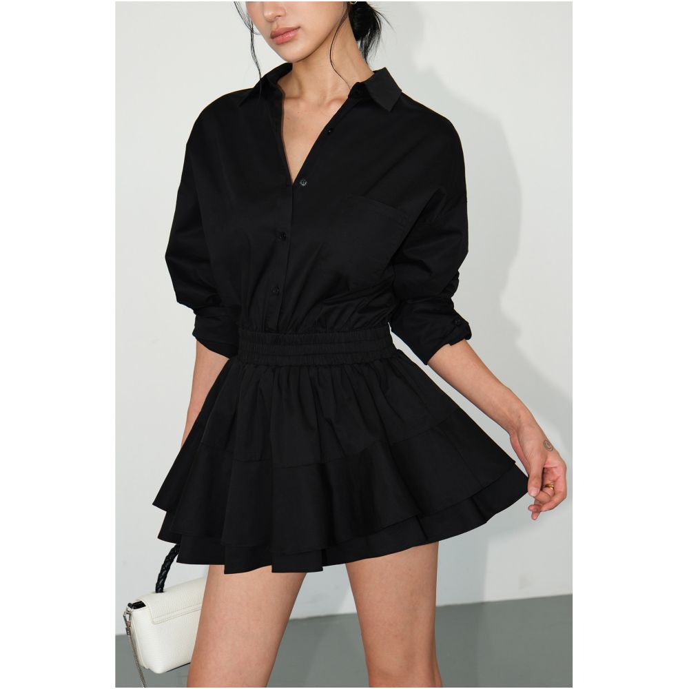 NEVA HU Black French Style Long Sleeve Shirt Dress Short Design Slim Fit Flattering for Petite Women image 2