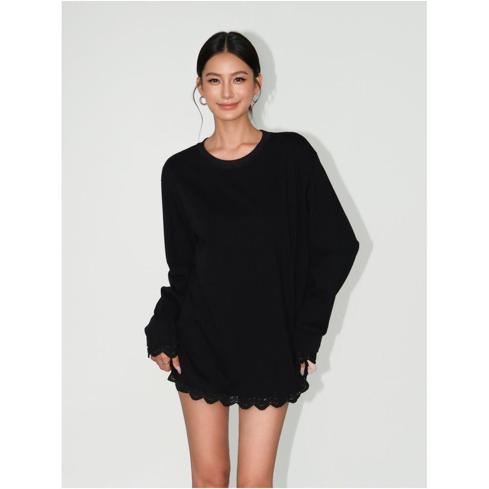 NEVA HU Sweet and Salty Round Neck Patchwork Lace Long Sleeve T Shirt Women s Loose Casual Korean Style Top image 2