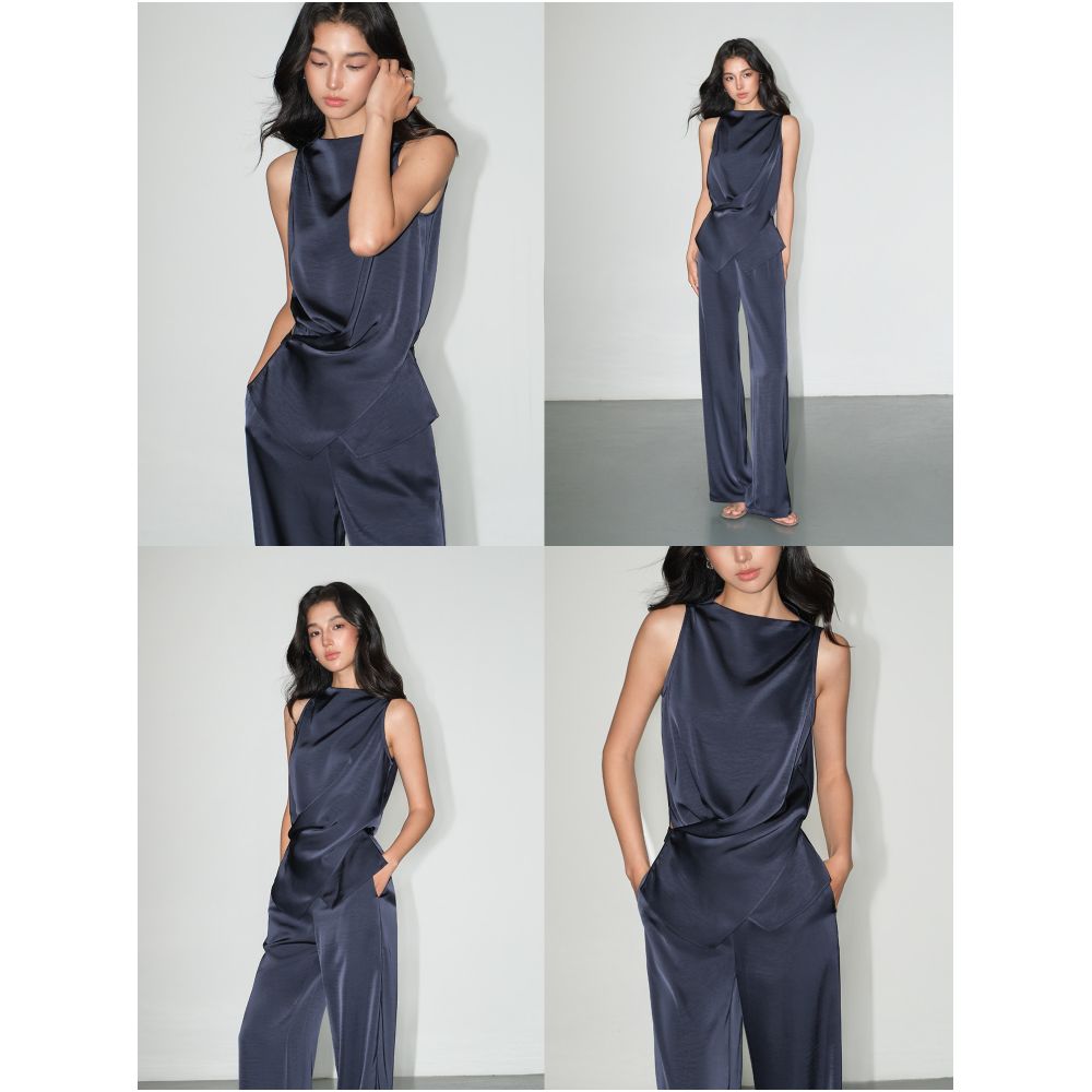NEVA HU Slow Melody Style Irregular Cross Satin Vest for Women Relaxed Wide Leg Casual Pants Set image 2