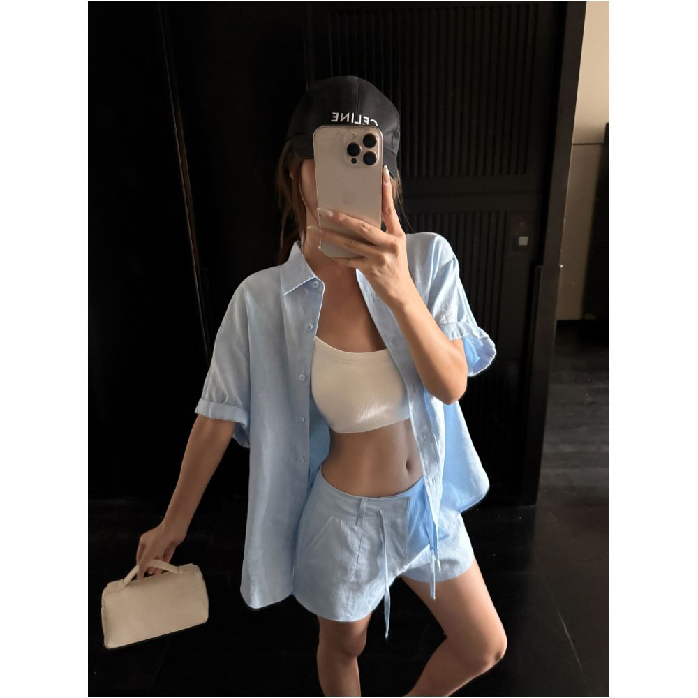 NEVA HU Ramie Shirt Set for Women Relaxed and Loose fitting Long sleeved Shirt Wide leg Shorts Casual Pants
