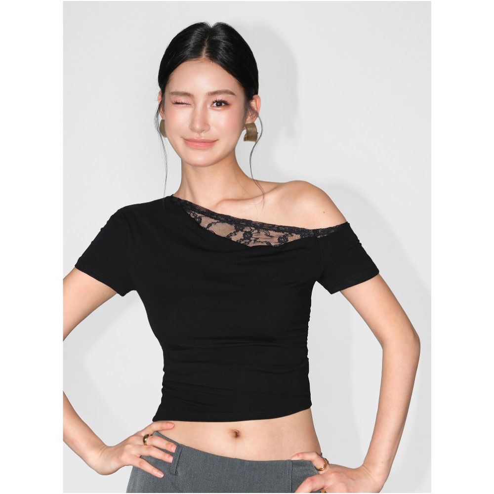 NEVA HU Asymmetrical Neck Off Shoulder Lace Trimmed Short Sleeve T Shirt for Women Slim Fit Elegant Design Unique Style Swing Neck Top image 1