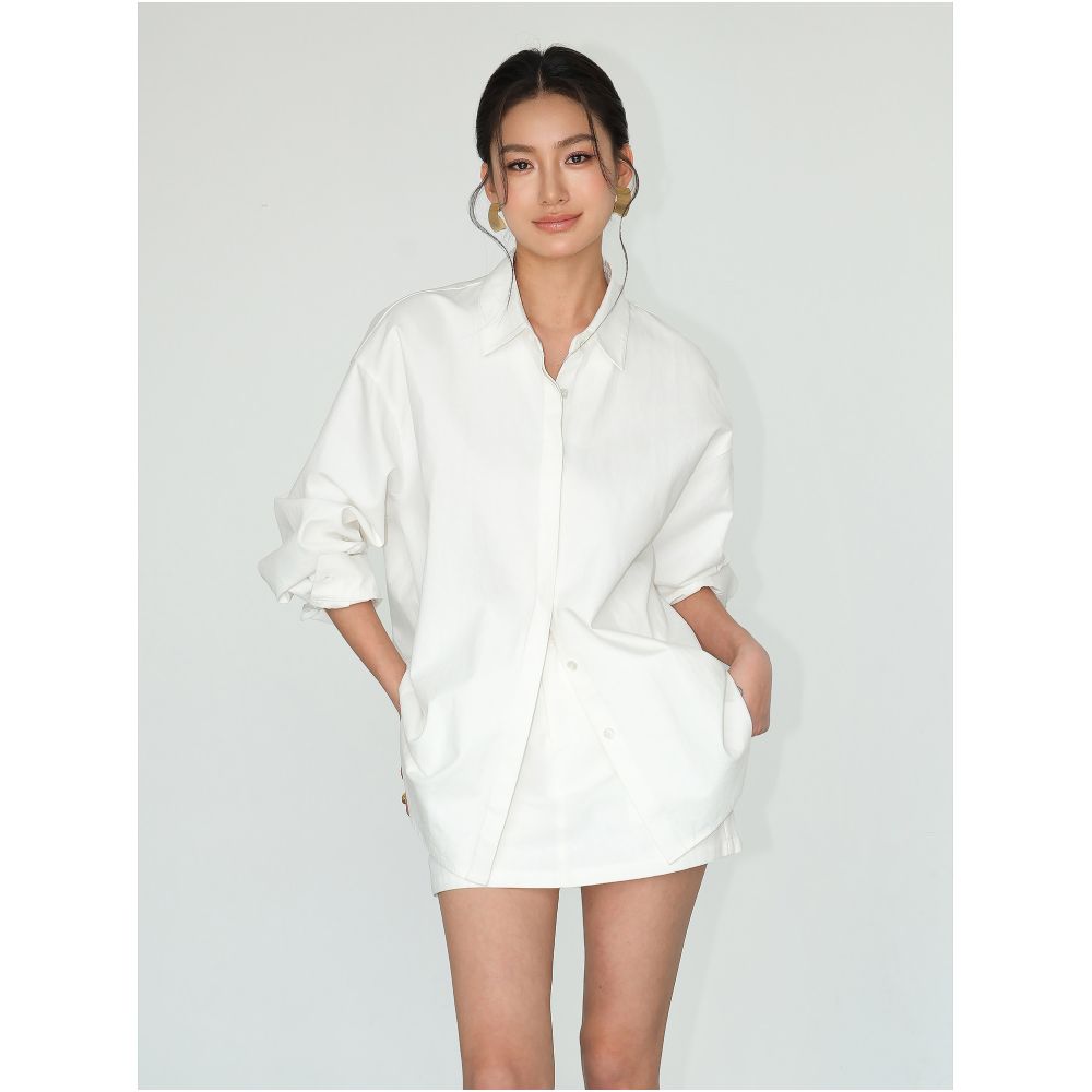 NEVA HU In Stock 75 Off White Long Sleeved Shirt for Women Loose Fit Casual Versatile Pure Cotton Shirt image 4
