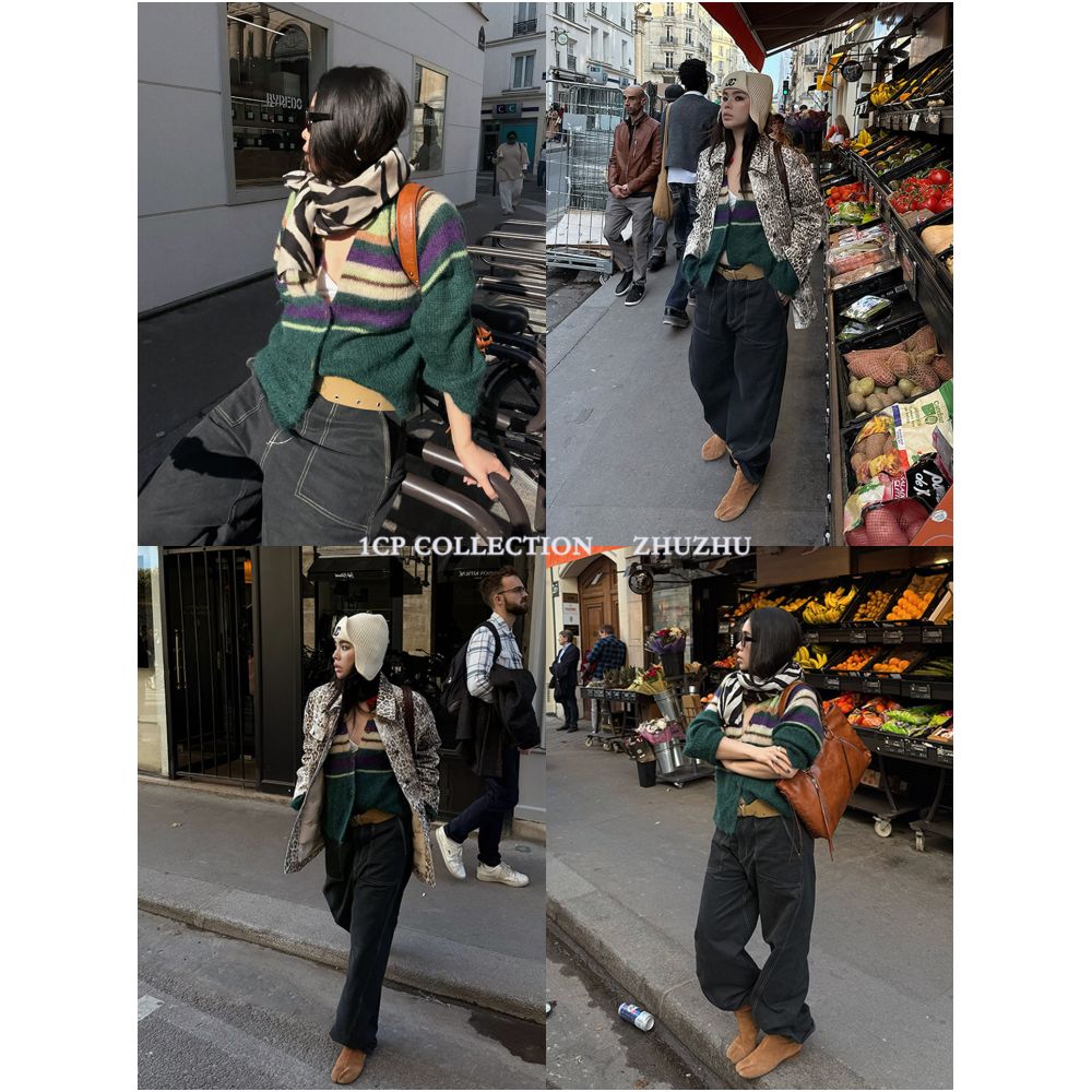 1CP Green Mohair Soft Striped Knit Cardigan for Women Spring 2026 New Style Gray Warm Wool Top image 2