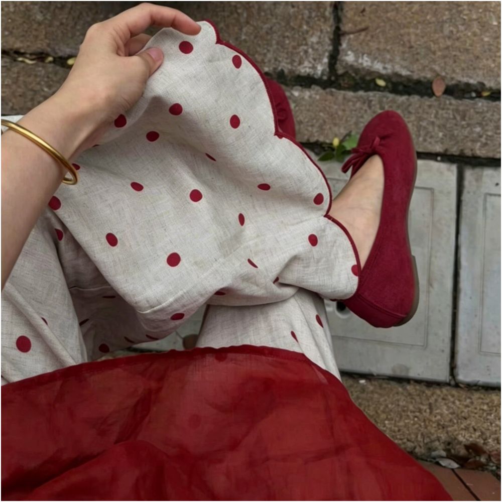 ASAYA7301 – Polka Dot Scallop Linen Pants ❤️🤍