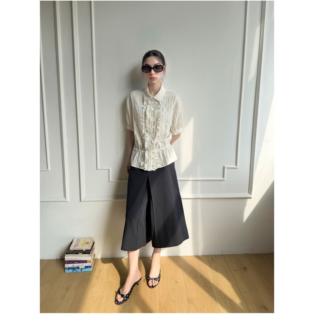 RREIKO Linen Blend Mid Waist Pleated Wide Leg A Line Studded Cropped Mini Skirt image 3