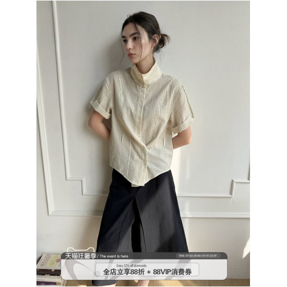 RREIKO Vertical Striped Textured Seersucker Shirt with Snap Buttons Short Sleeves Shell Buttons and Waist Defining Fit image 0