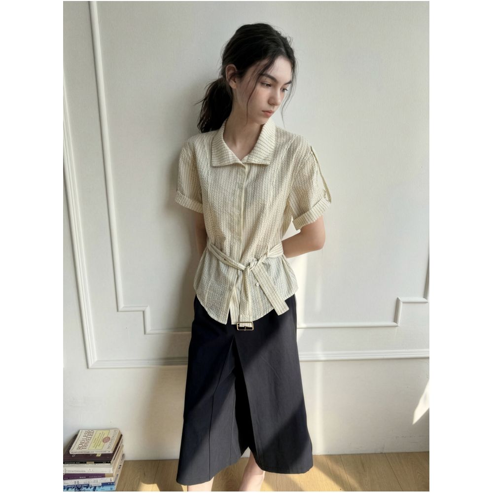 RREIKO Vertical Striped Textured Seersucker Shirt with Snap Buttons Short Sleeves Shell Buttons and Waist Defining Fit image 1