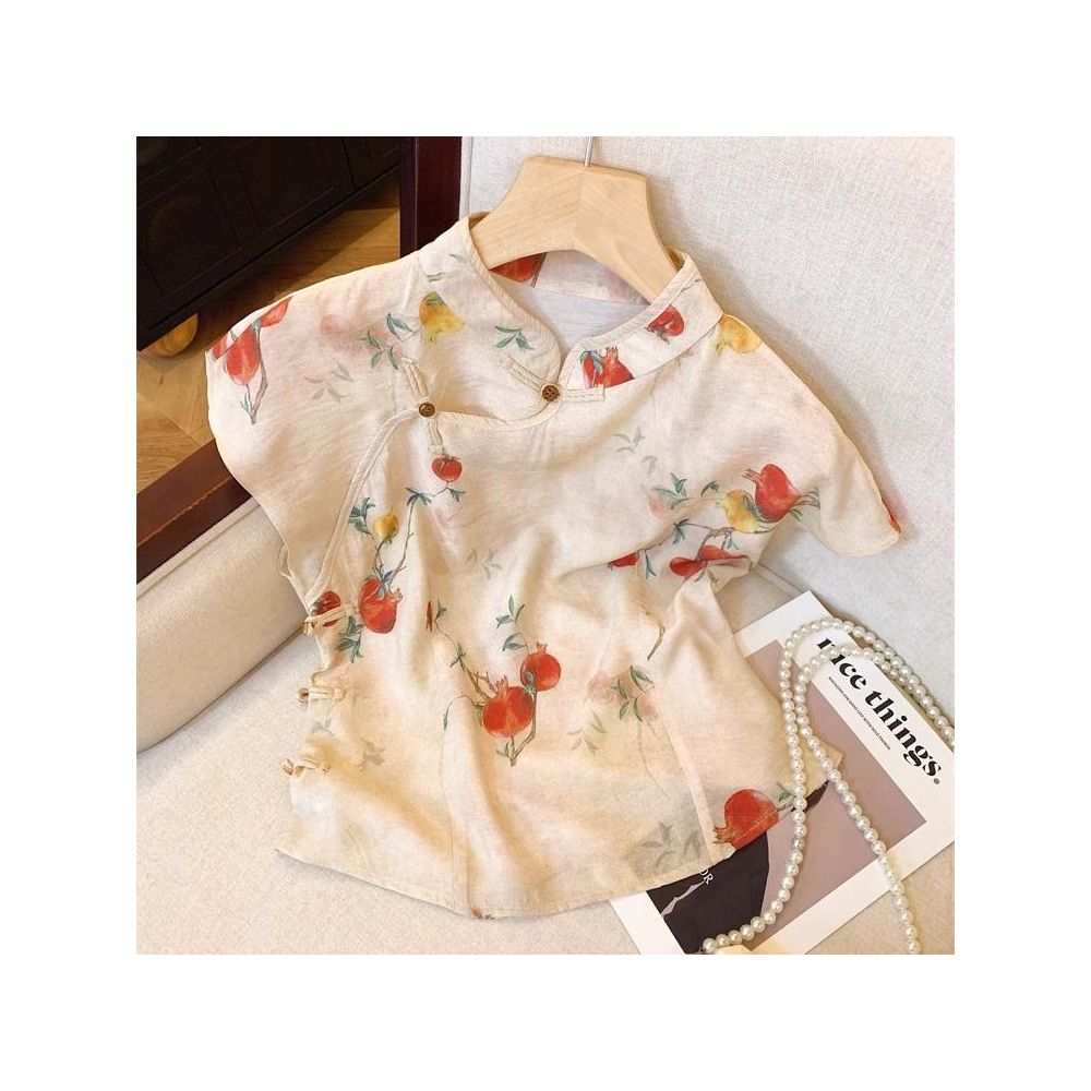 Women s New Chinese Style Linen Floral Print Shirt with Label Removed from Store Summer 2026 Traditional Chinese Style with Frog Buttons and Cheongsam Collar image 0