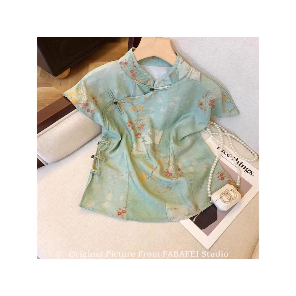 Women s New Chinese Style Linen Floral Print Shirt with Label Removed from Store Summer 2026 Traditional Chinese Style with Frog Buttons and Cheongsam Collar image 1