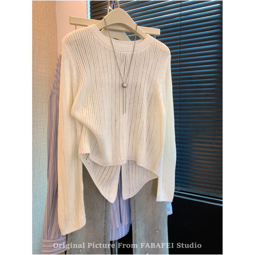 Women s Korean style hollowed out chain long sleeved knit top with cut out label spring style irregular hollowed out back image 0