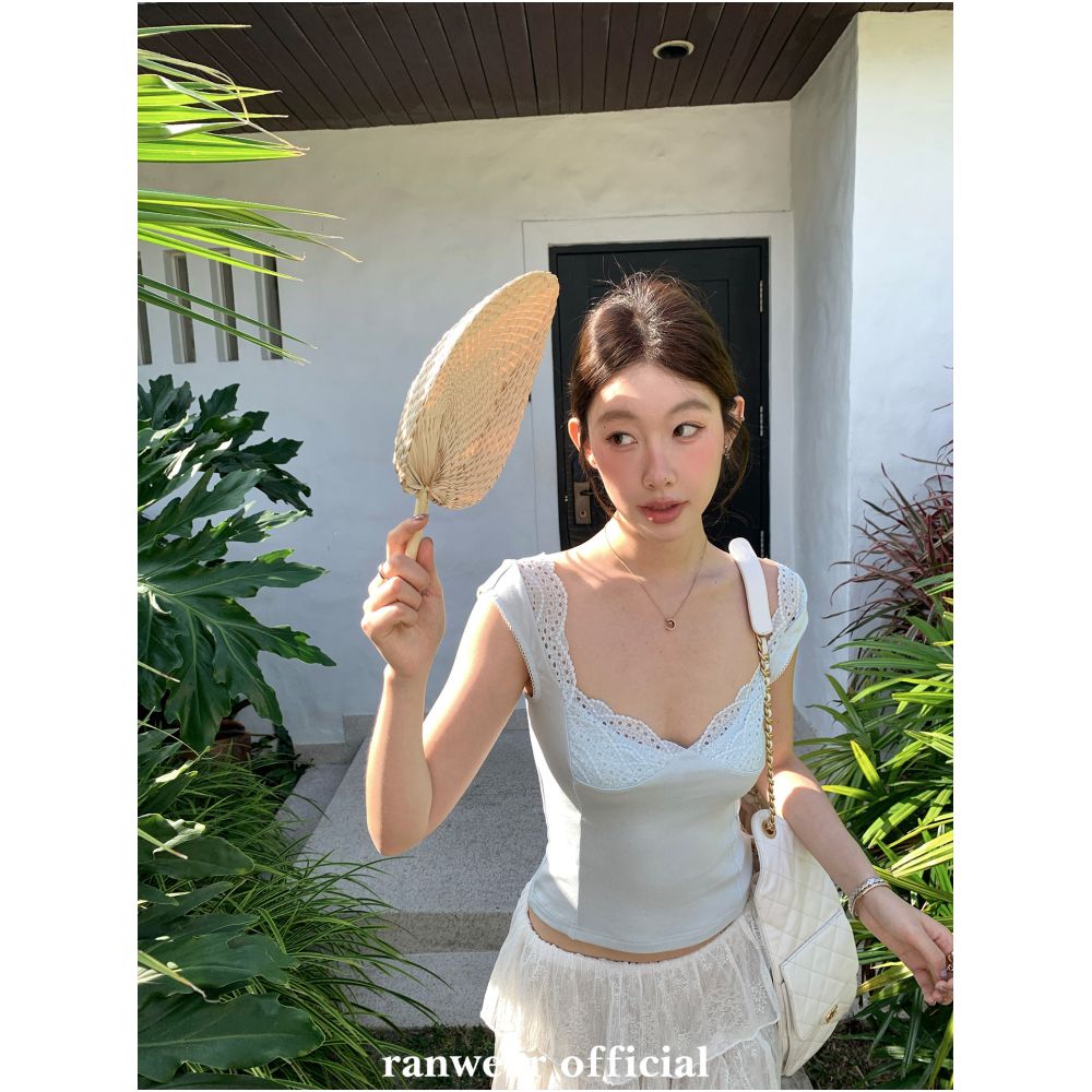 Ranwear s Marilyn Monroe French style heavy duty lace trimmed low cut V neck top with visible stitching slim fit and flattering silhouette image 1
