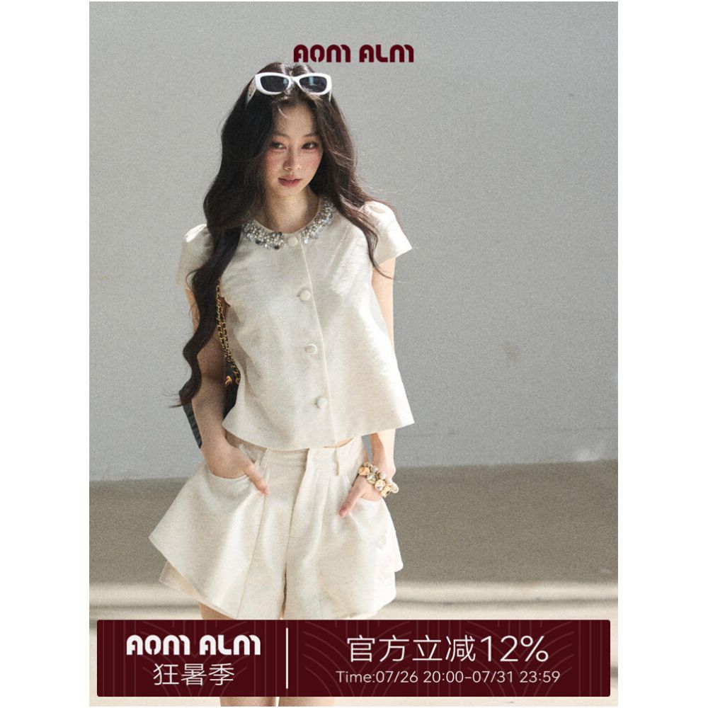 AOMALM s Summer Light French Chanel style elegant two piece set for women featuring a top and shorts image 0