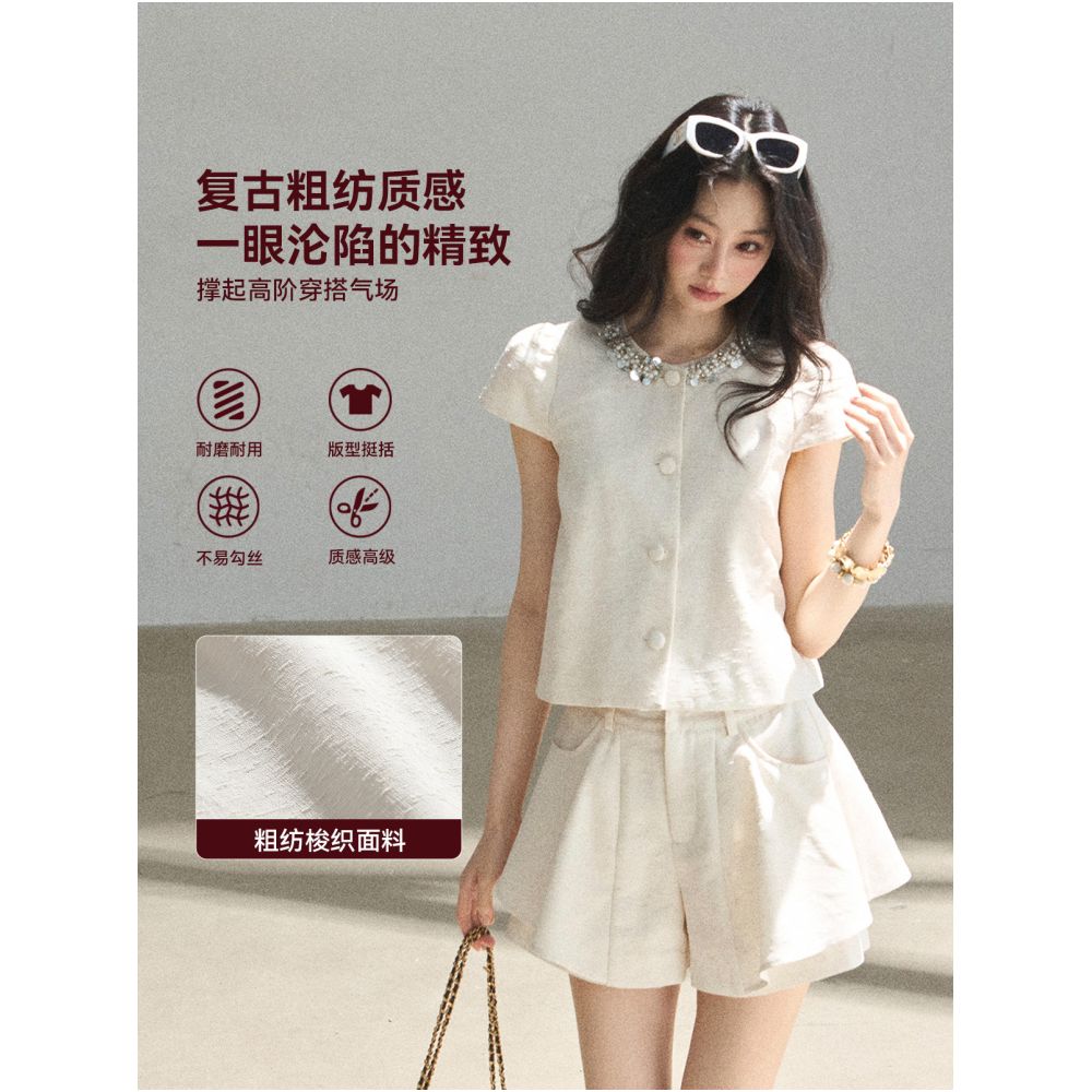 AOMALM s Summer Light French Chanel style elegant two piece set for women featuring a top and shorts image 1
