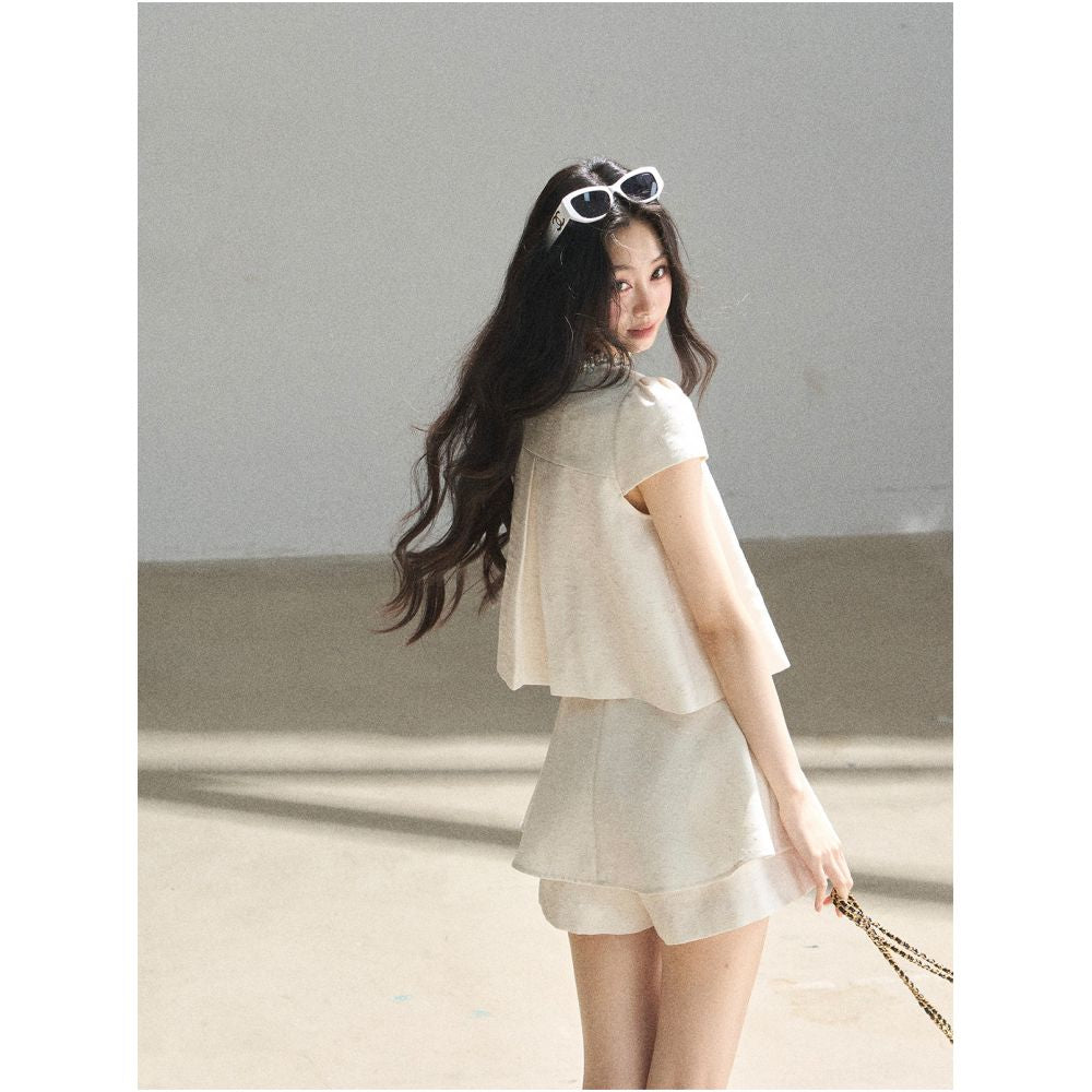 AOMALM s Summer Light French Chanel style elegant two piece set for women featuring a top and shorts image 2